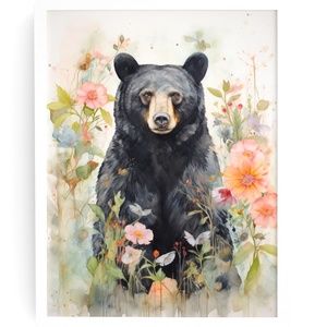 Watercolor Floral Black Bear Portrait Wall Art Illustration Print Unframed
